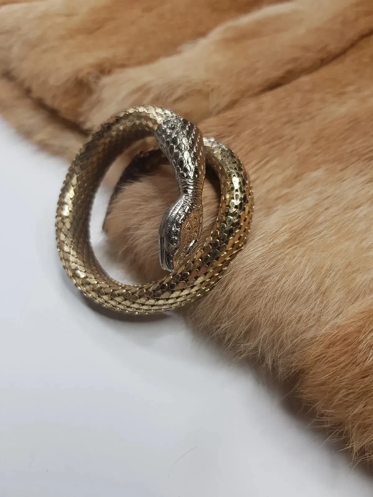 1960s Gold - Antique Designer Snake Cuff Bracelet - 2 Tier Wrap Around Wrist - Stamped