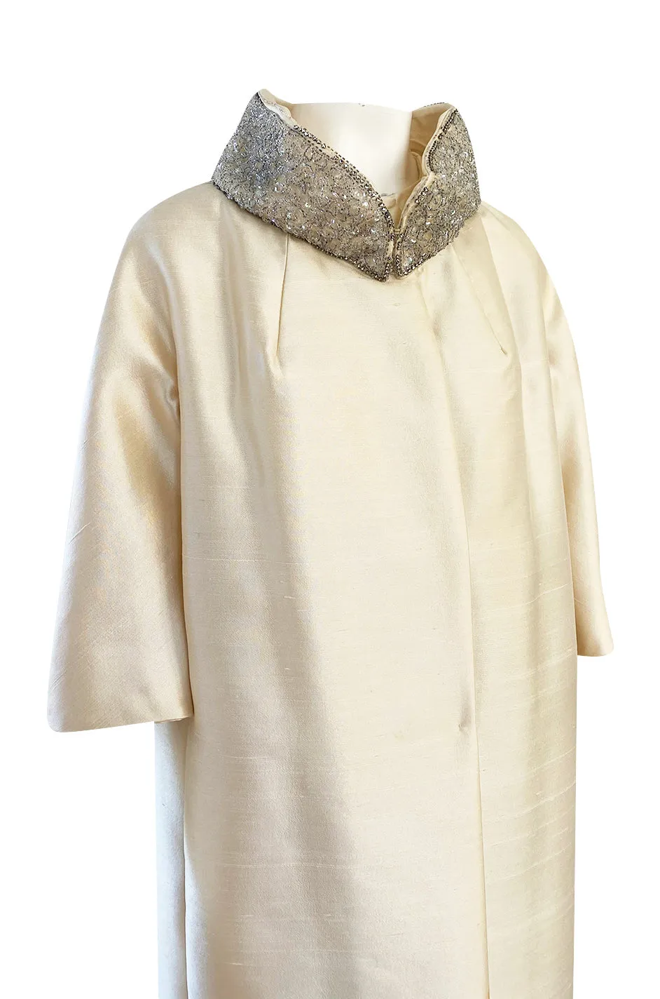 1960s Lillie Rubin Ivory Silk Coat Evening or Opera Coat w Silver Beaded Collar