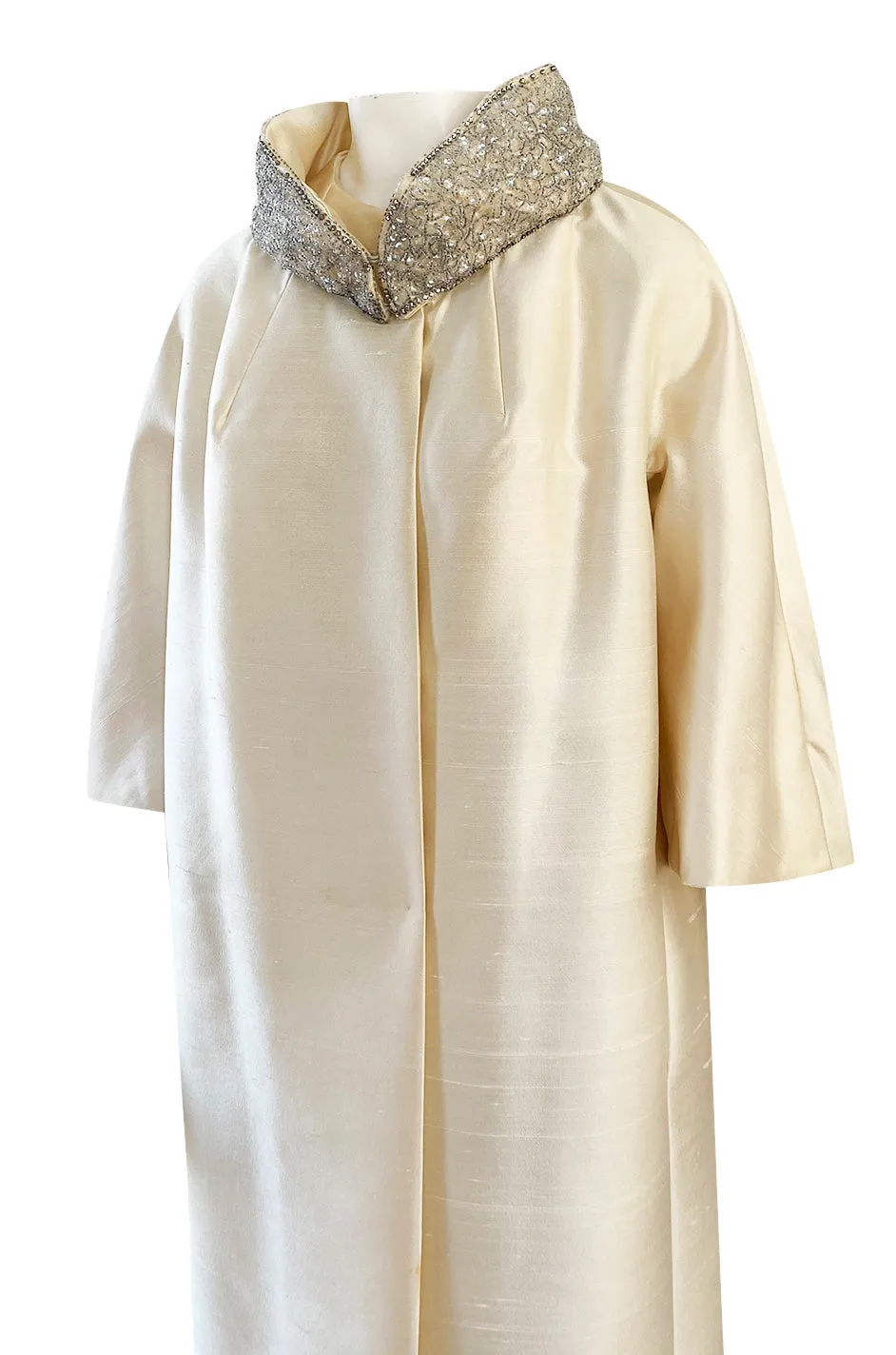 1960s Lillie Rubin Ivory Silk Coat Evening or Opera Coat w Silver Beaded Collar