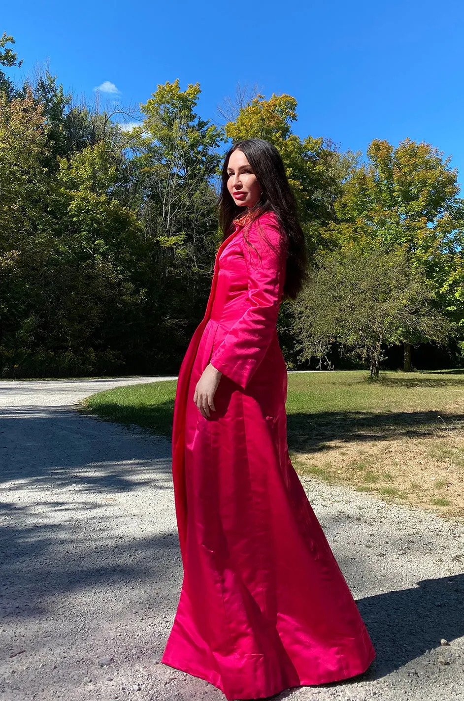 1960s Unlabeled Malcolm Starr Pink Silk Satin Full Length Evening Coat