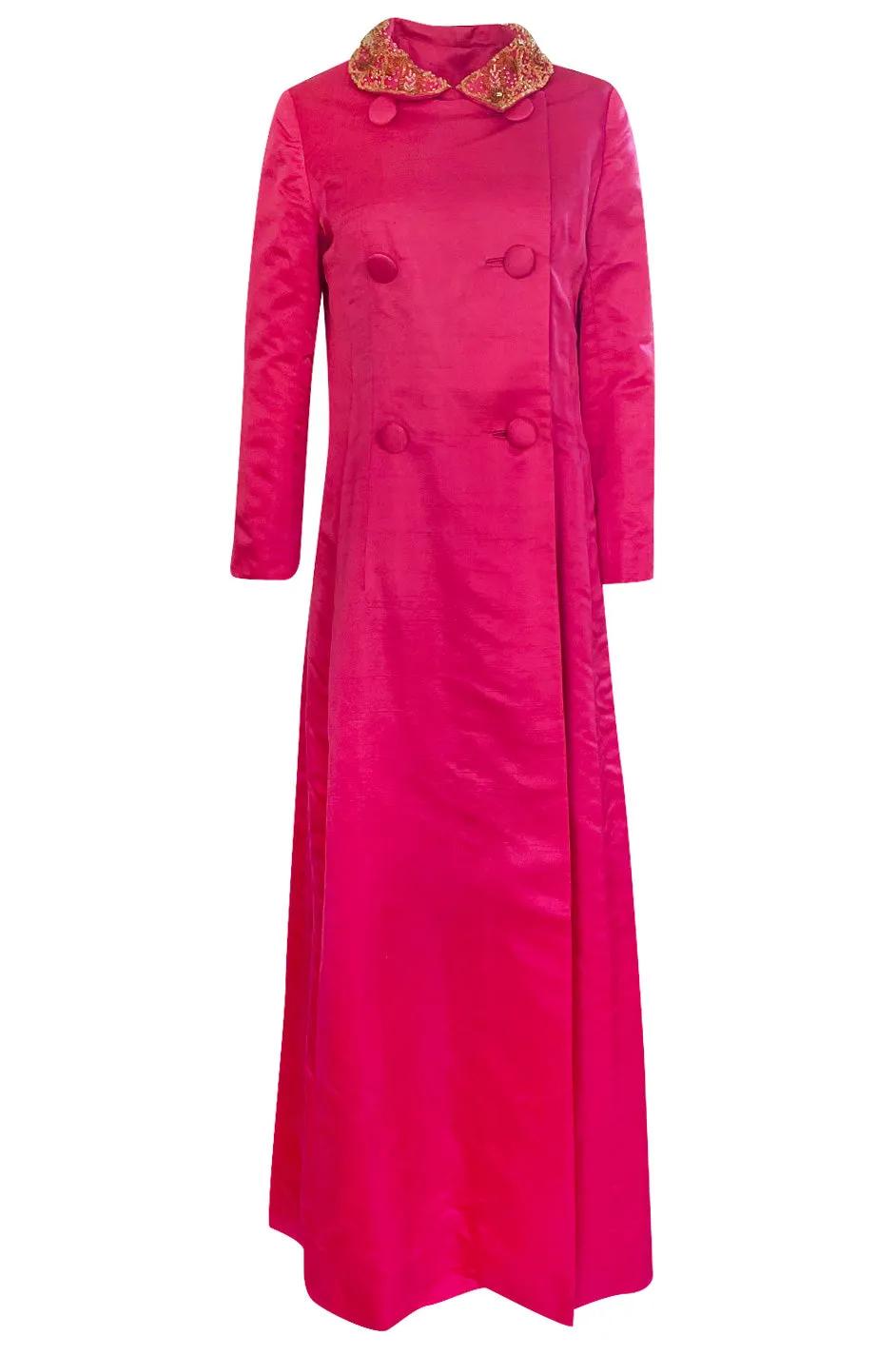 1960s Unlabeled Malcolm Starr Pink Silk Satin Full Length Evening Coat