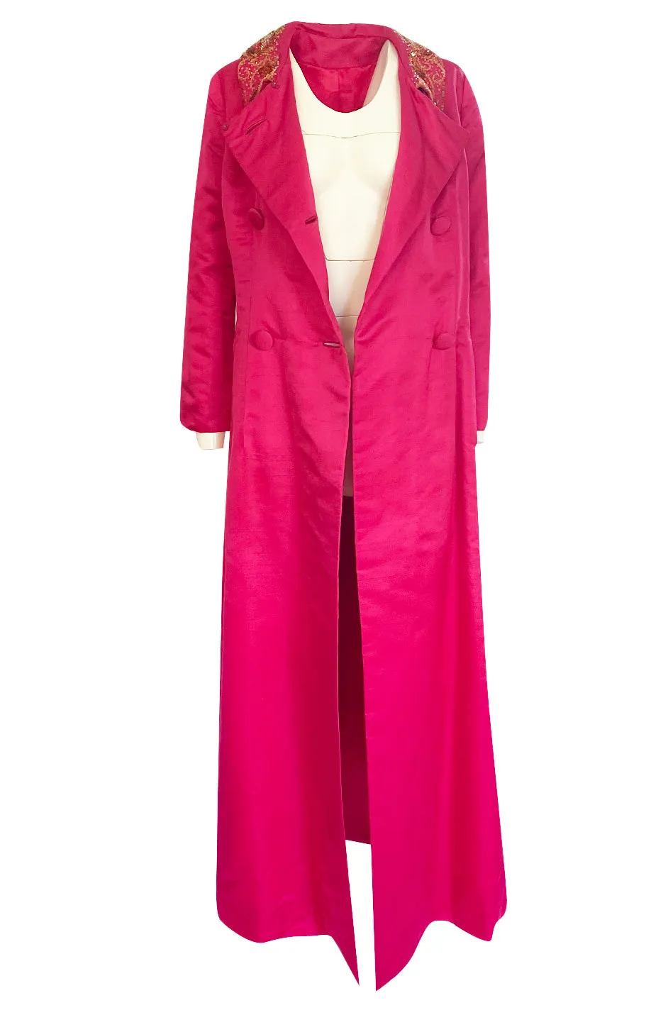 1960s Unlabeled Malcolm Starr Pink Silk Satin Full Length Evening Coat