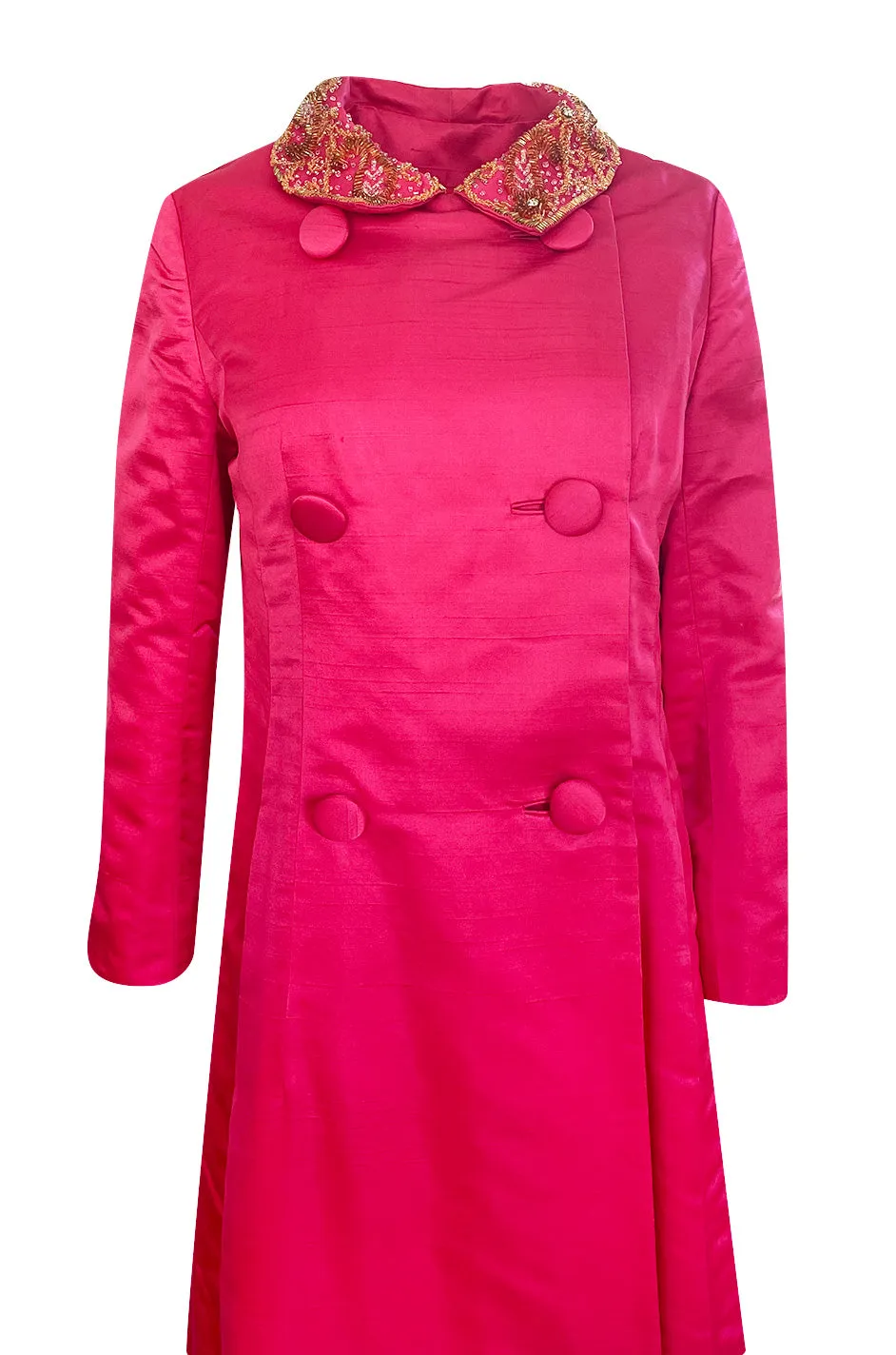 1960s Unlabeled Malcolm Starr Pink Silk Satin Full Length Evening Coat