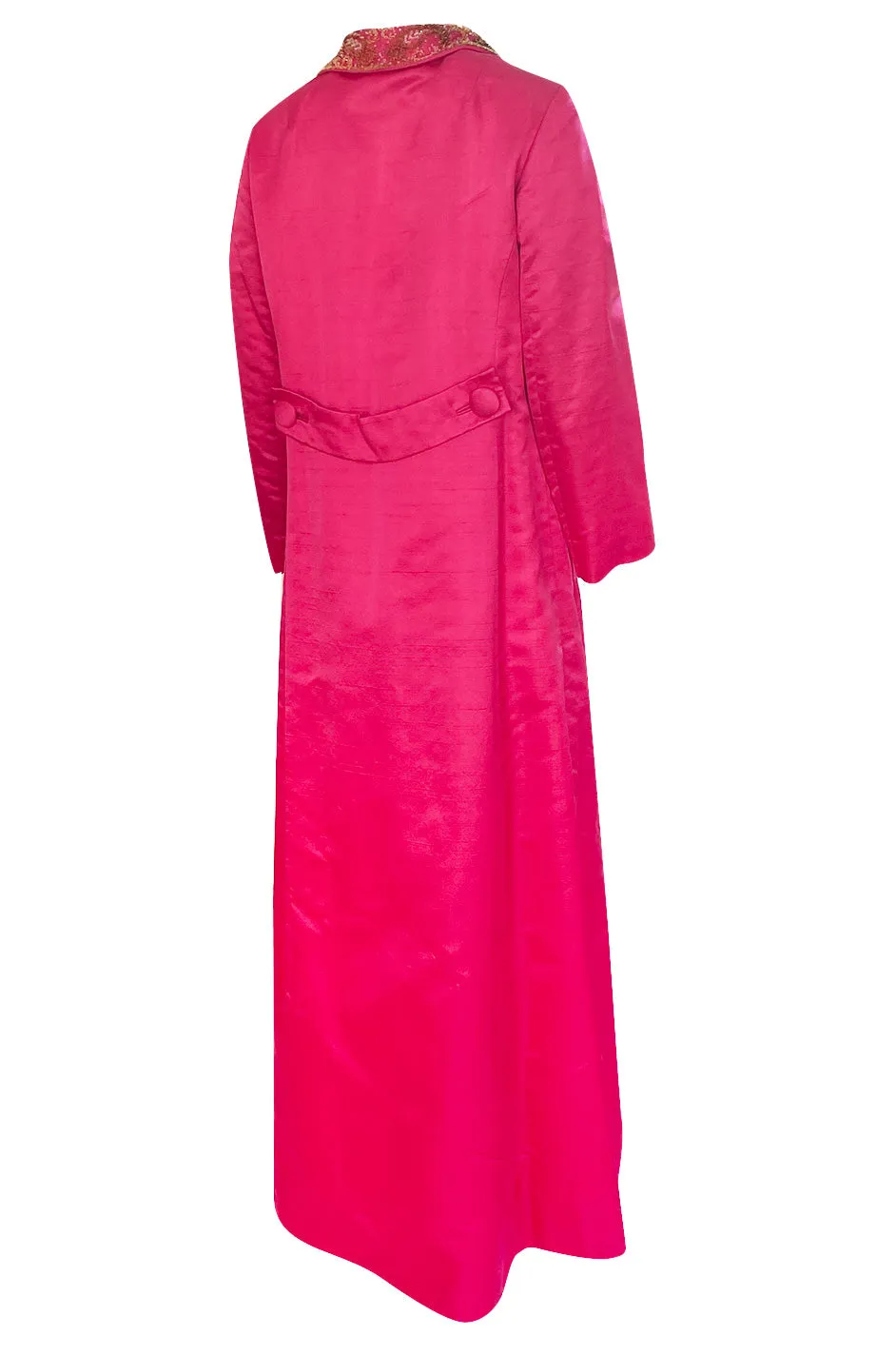 1960s Unlabeled Malcolm Starr Pink Silk Satin Full Length Evening Coat