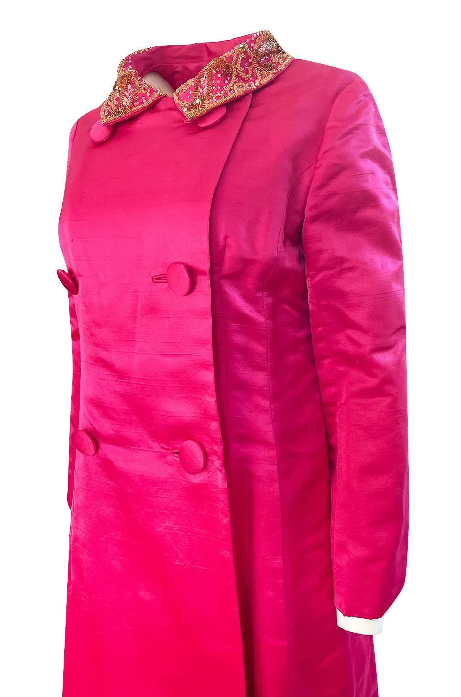 1960s Unlabeled Malcolm Starr Pink Silk Satin Full Length Evening Coat