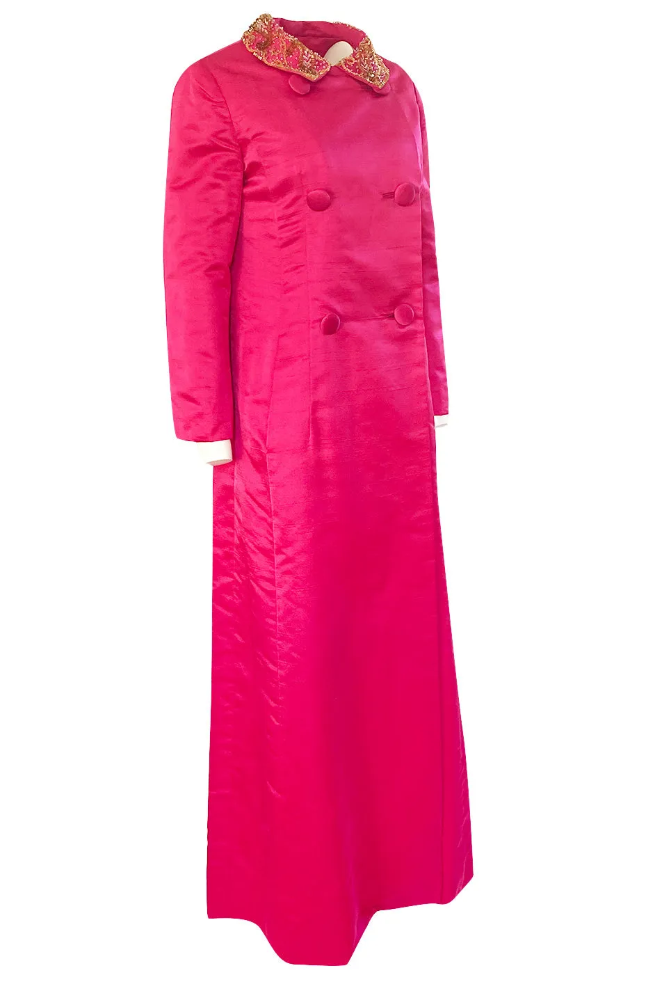 1960s Unlabeled Malcolm Starr Pink Silk Satin Full Length Evening Coat