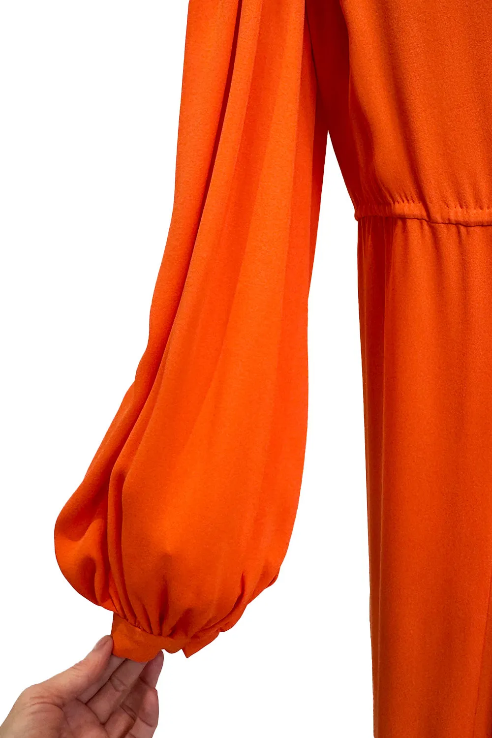 1970s James Galanos Couture Orange Silk Dress w Ruffle Neck & Balloon Sleeves