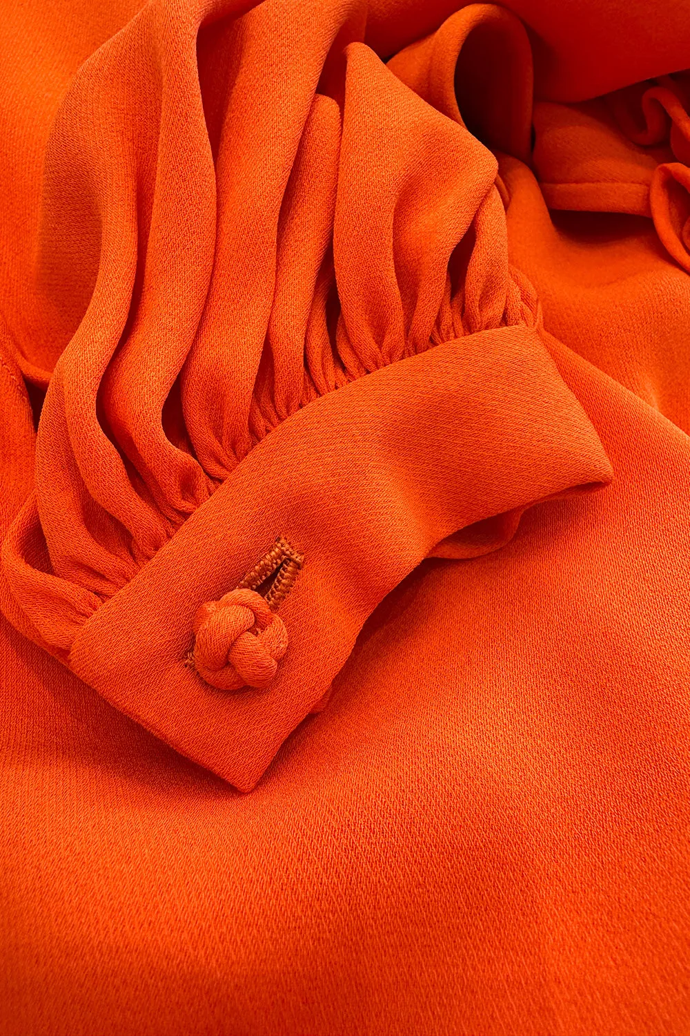 1970s James Galanos Couture Orange Silk Dress w Ruffle Neck & Balloon Sleeves