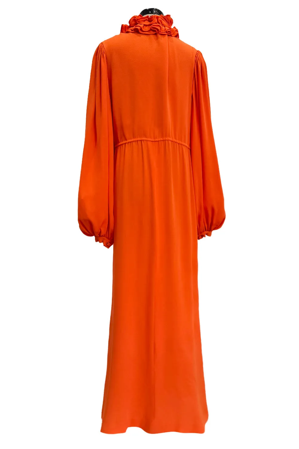 1970s James Galanos Couture Orange Silk Dress w Ruffle Neck & Balloon Sleeves