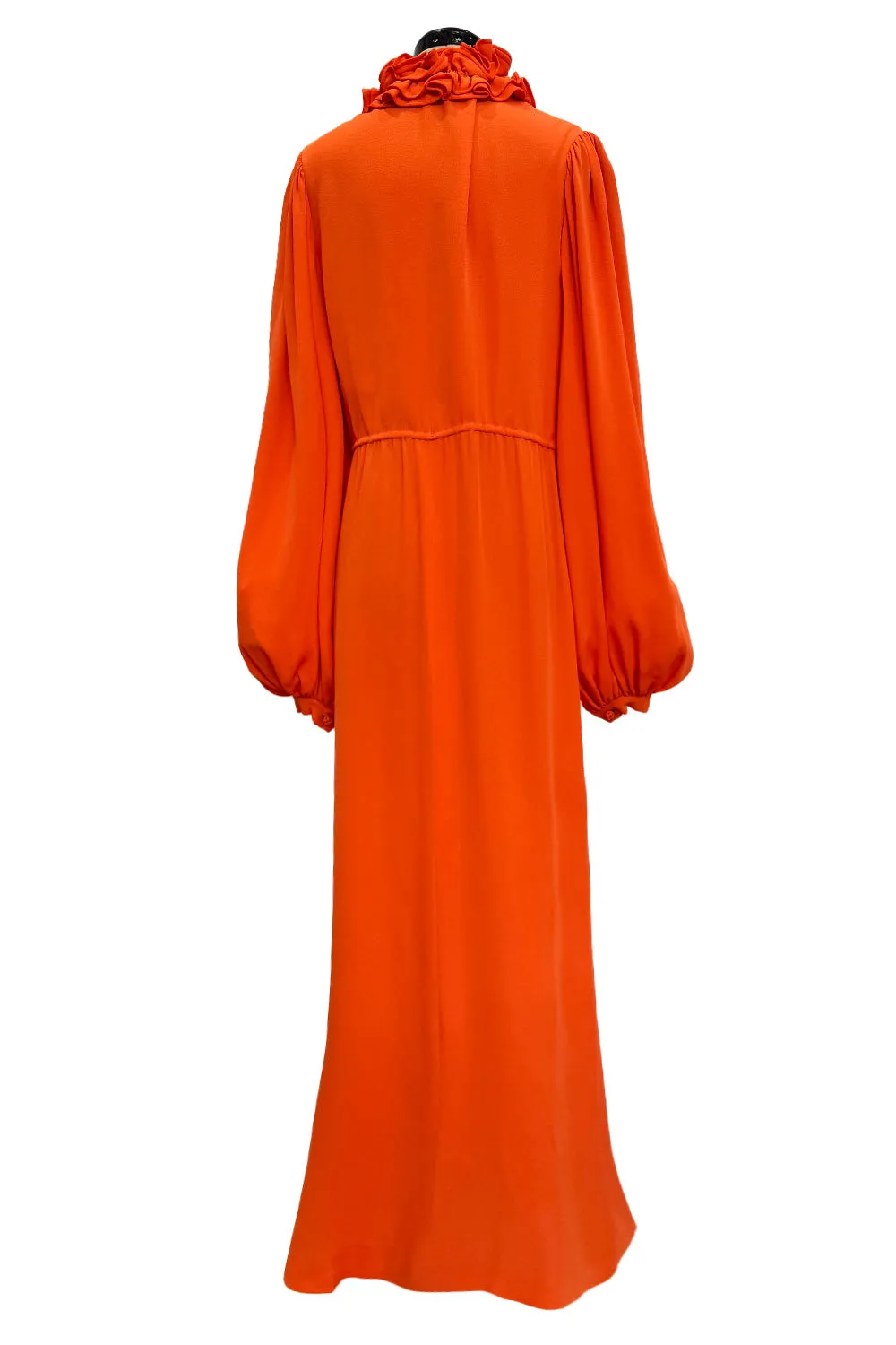 1970s James Galanos Couture Orange Silk Dress w Ruffle Neck & Balloon Sleeves