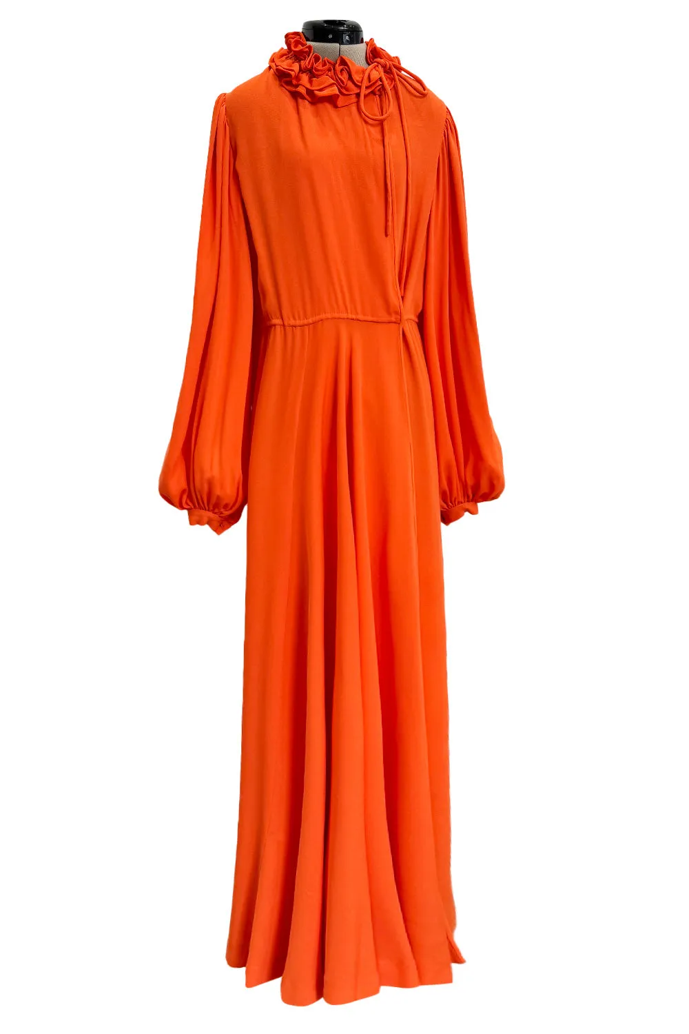 1970s James Galanos Couture Orange Silk Dress w Ruffle Neck & Balloon Sleeves