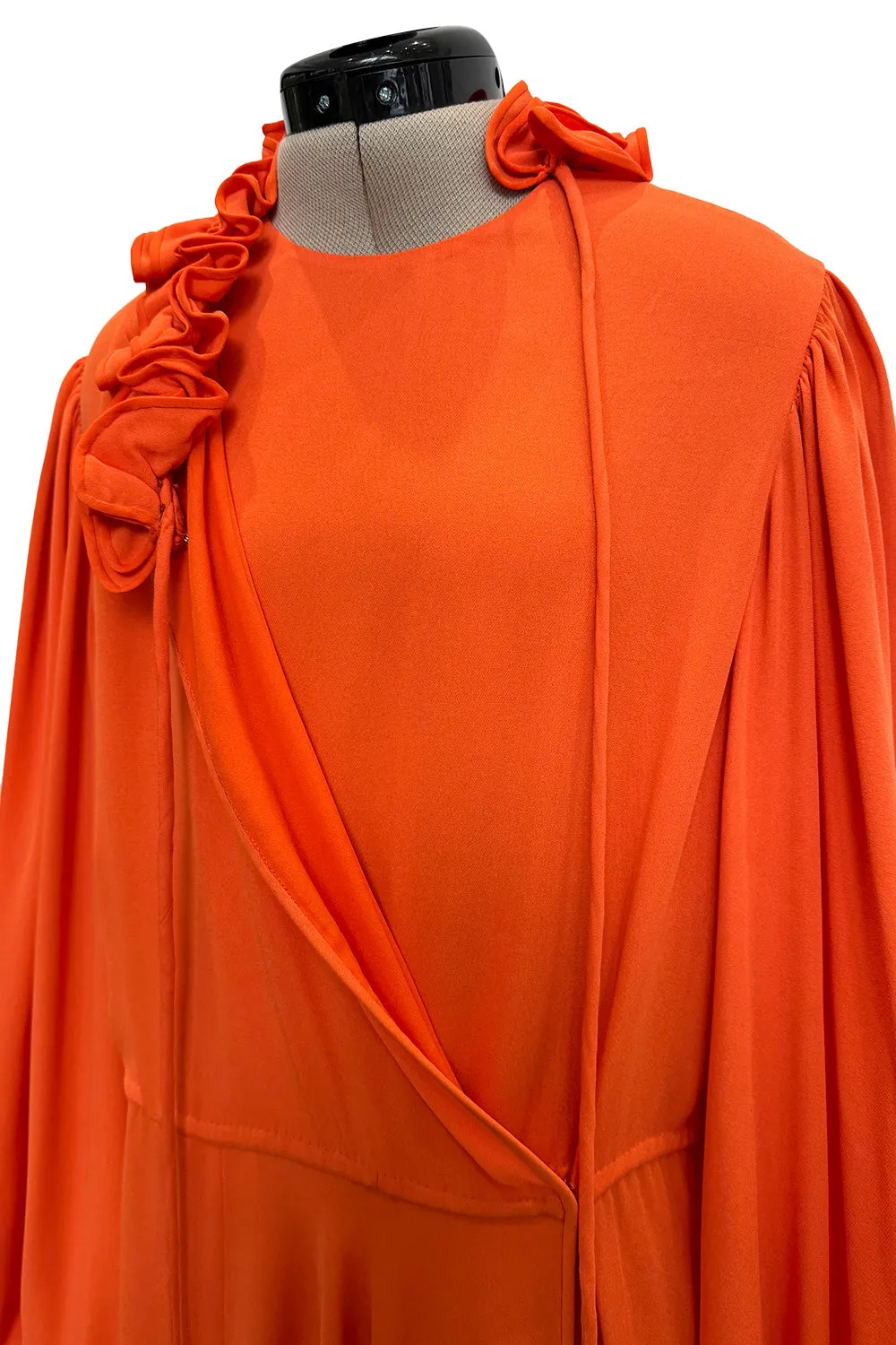 1970s James Galanos Couture Orange Silk Dress w Ruffle Neck & Balloon Sleeves