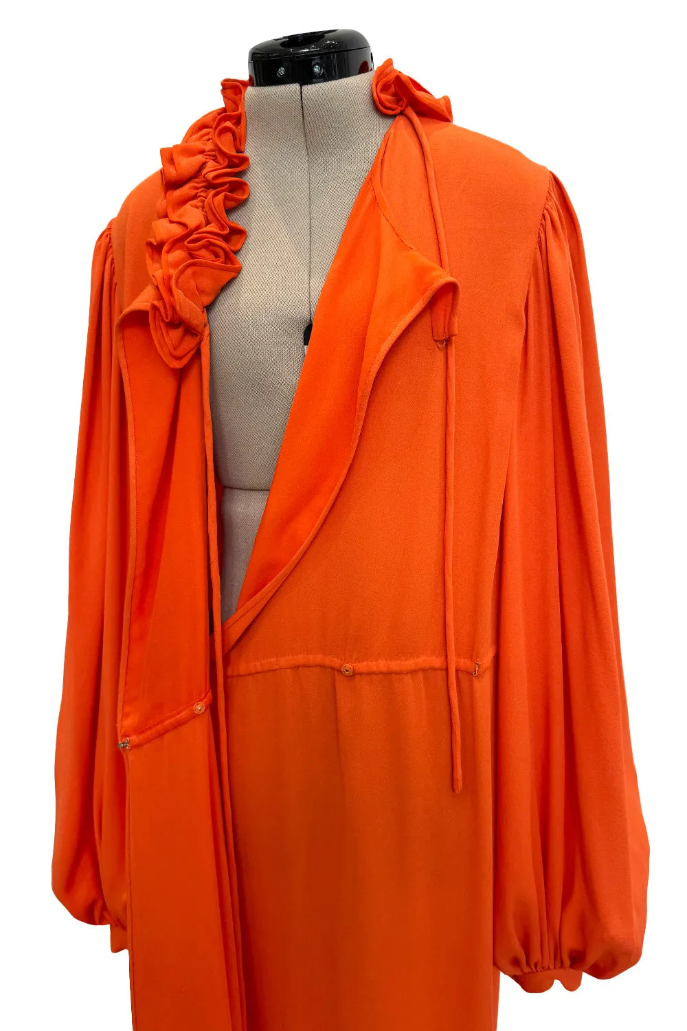 1970s James Galanos Couture Orange Silk Dress w Ruffle Neck & Balloon Sleeves