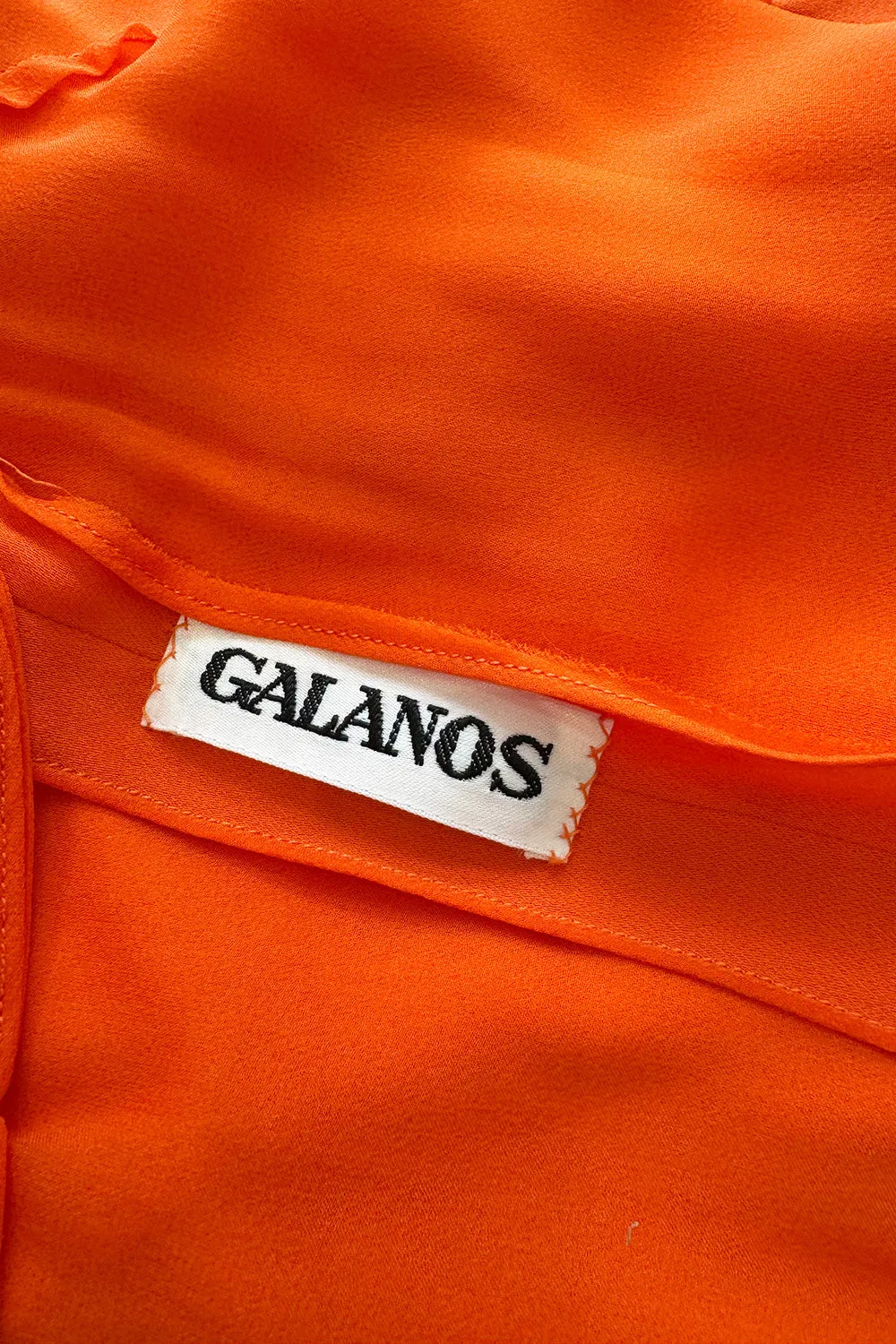 1970s James Galanos Couture Orange Silk Dress w Ruffle Neck & Balloon Sleeves