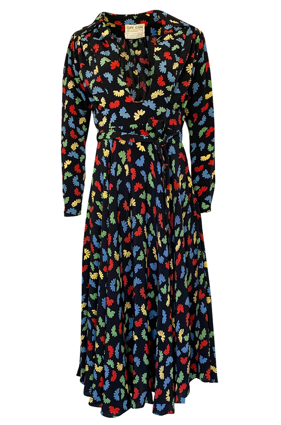 1970s Ossie Clark Celia Birtwell for Quorum Fan Print Front Plunge Dress