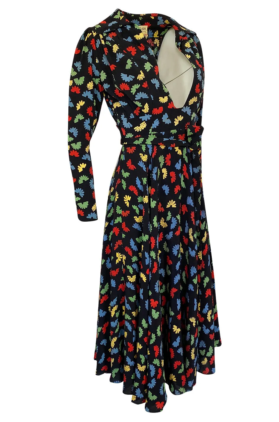 1970s Ossie Clark Celia Birtwell for Quorum Fan Print Front Plunge Dress