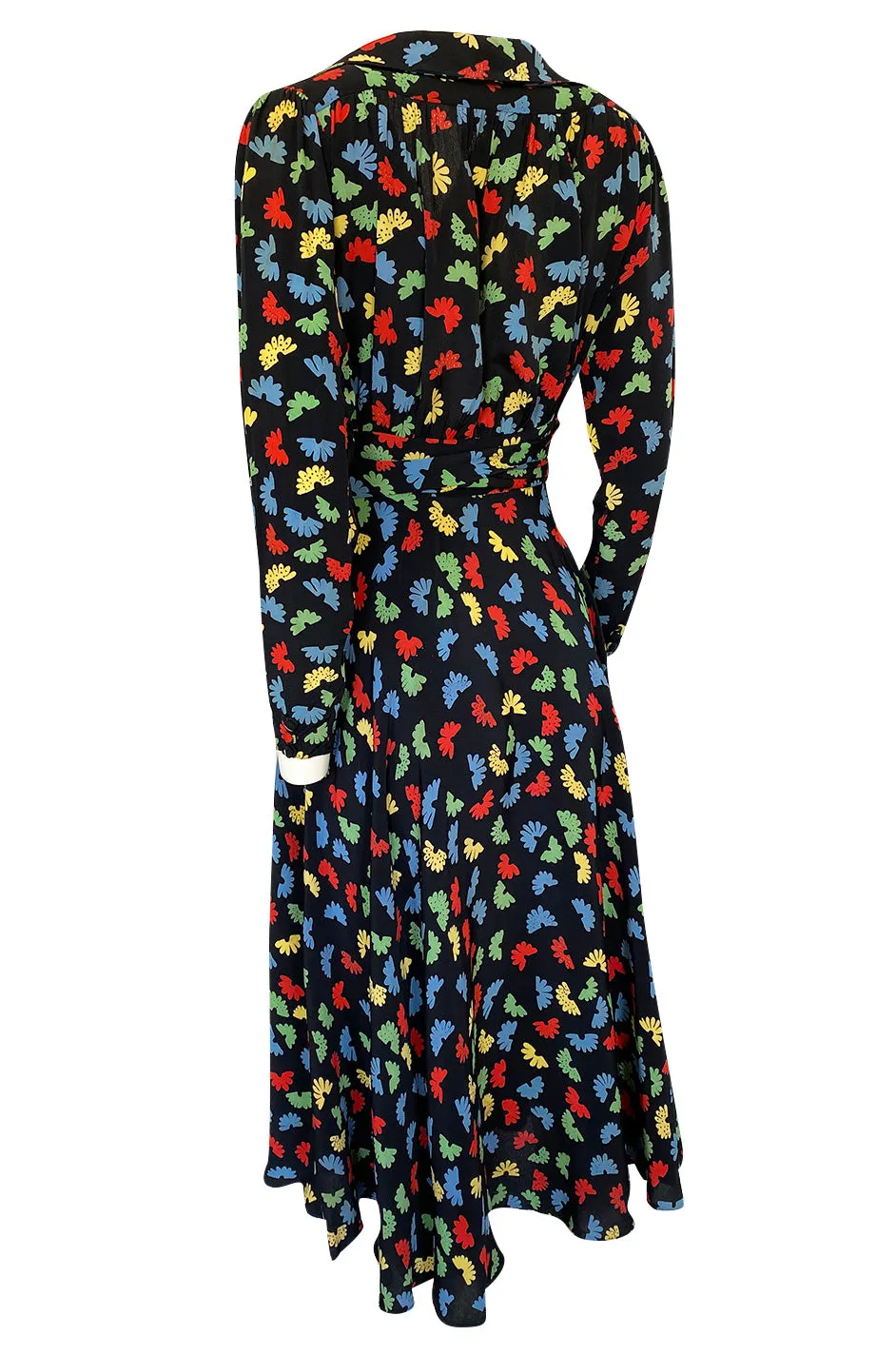 1970s Ossie Clark Celia Birtwell for Quorum Fan Print Front Plunge Dress