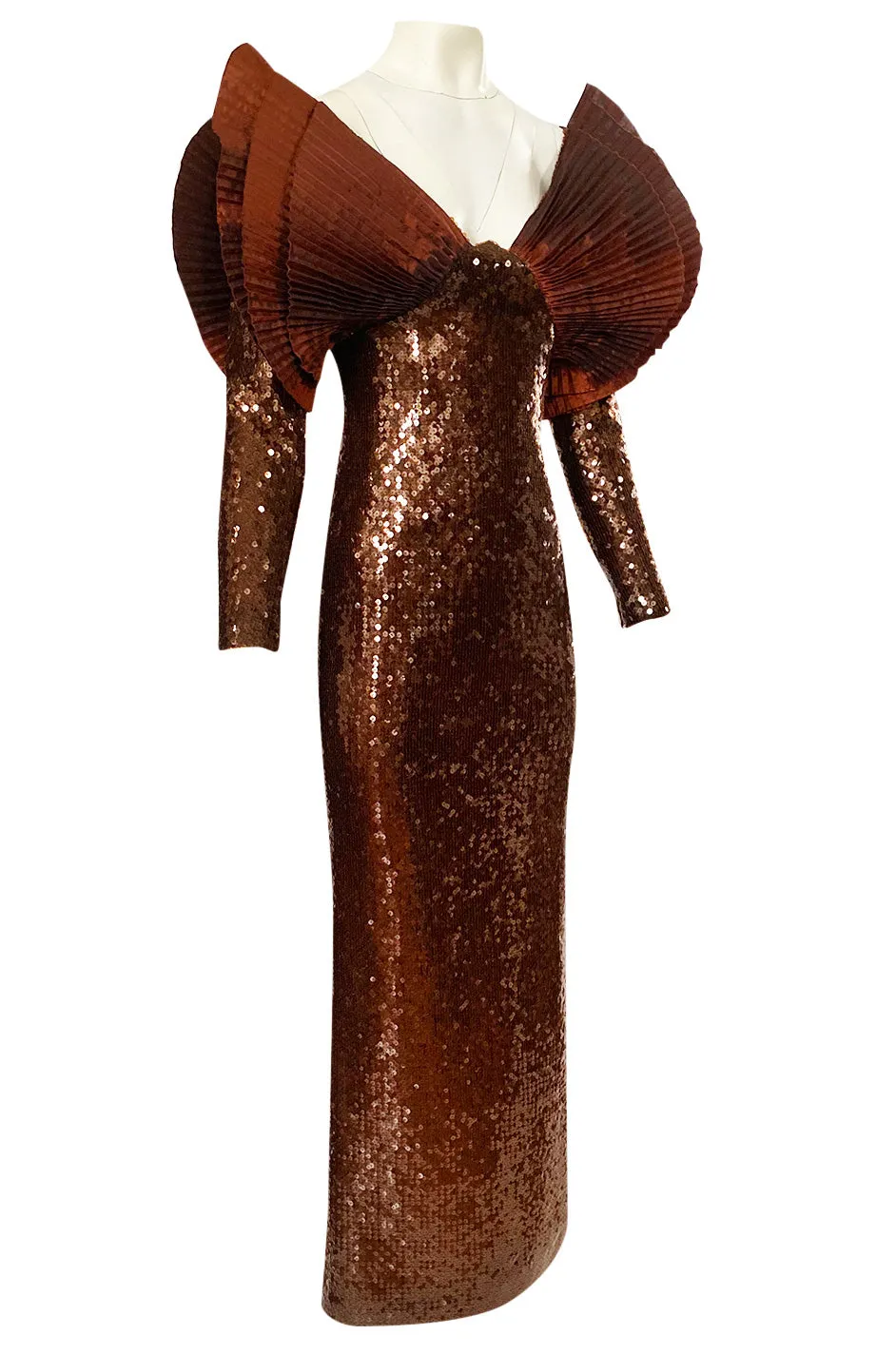 1980s Loris Azzaro Couture Densely Sequin Dress w Elaborate Silk Sleeves