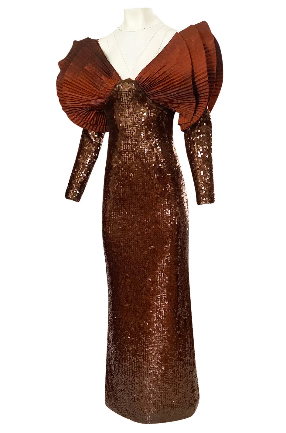 1980s Loris Azzaro Couture Densely Sequin Dress w Elaborate Silk Sleeves