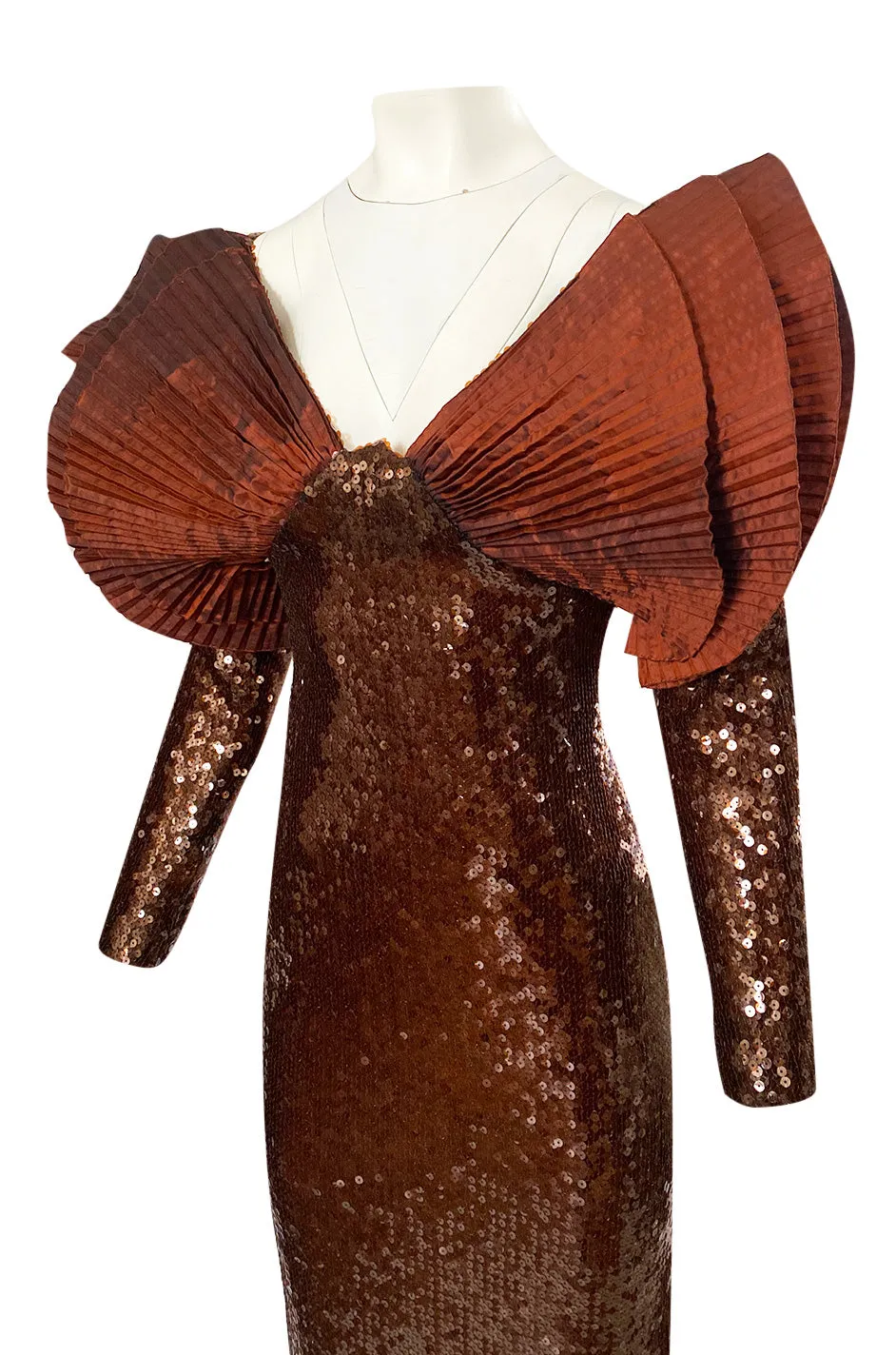 1980s Loris Azzaro Couture Densely Sequin Dress w Elaborate Silk Sleeves