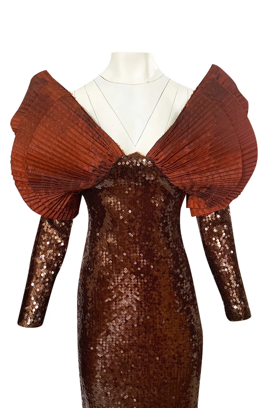 1980s Loris Azzaro Couture Densely Sequin Dress w Elaborate Silk Sleeves