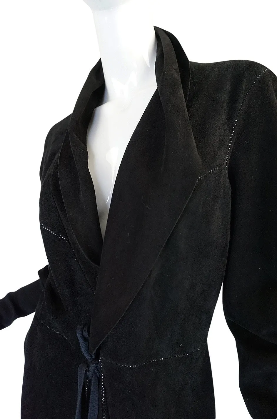 1990s Christian Lacroix Butter Soft Black Suede Wrap Coat