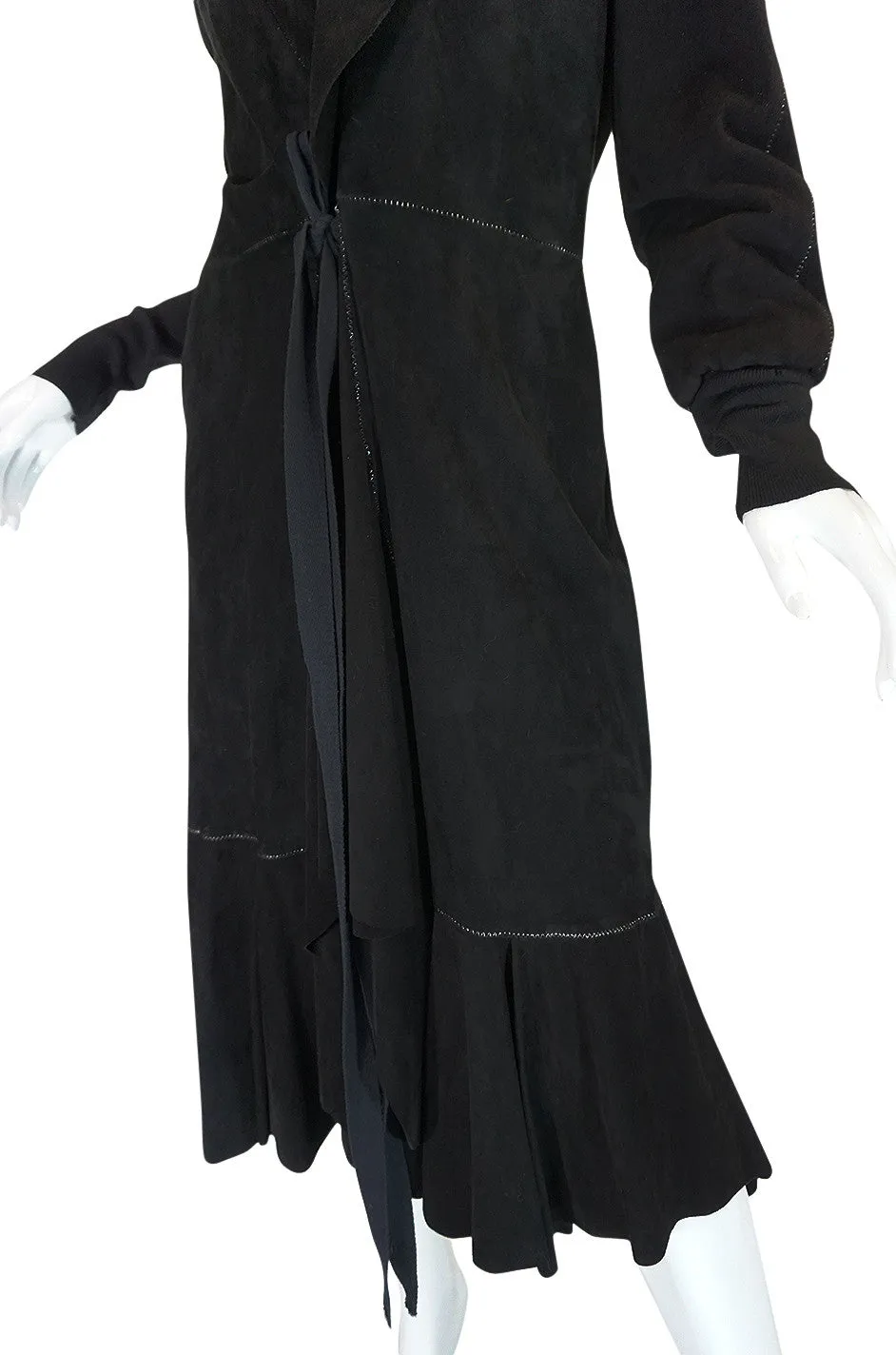 1990s Christian Lacroix Butter Soft Black Suede Wrap Coat