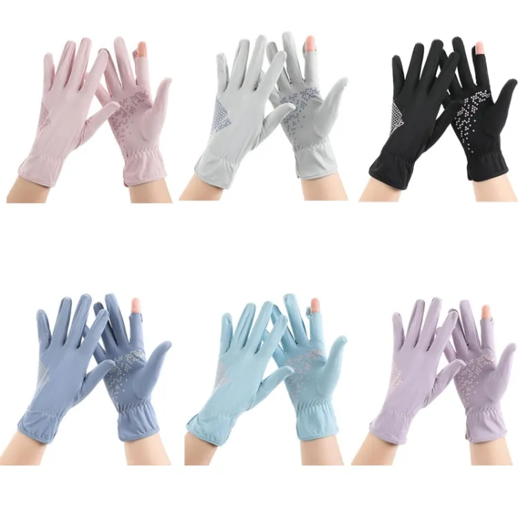 1pair Driving Sunscreen Anti-ultraviolet Thin Summer Ice Silk Dew Finger Non-slip Riding Gloves Free Size(Cloud Black)