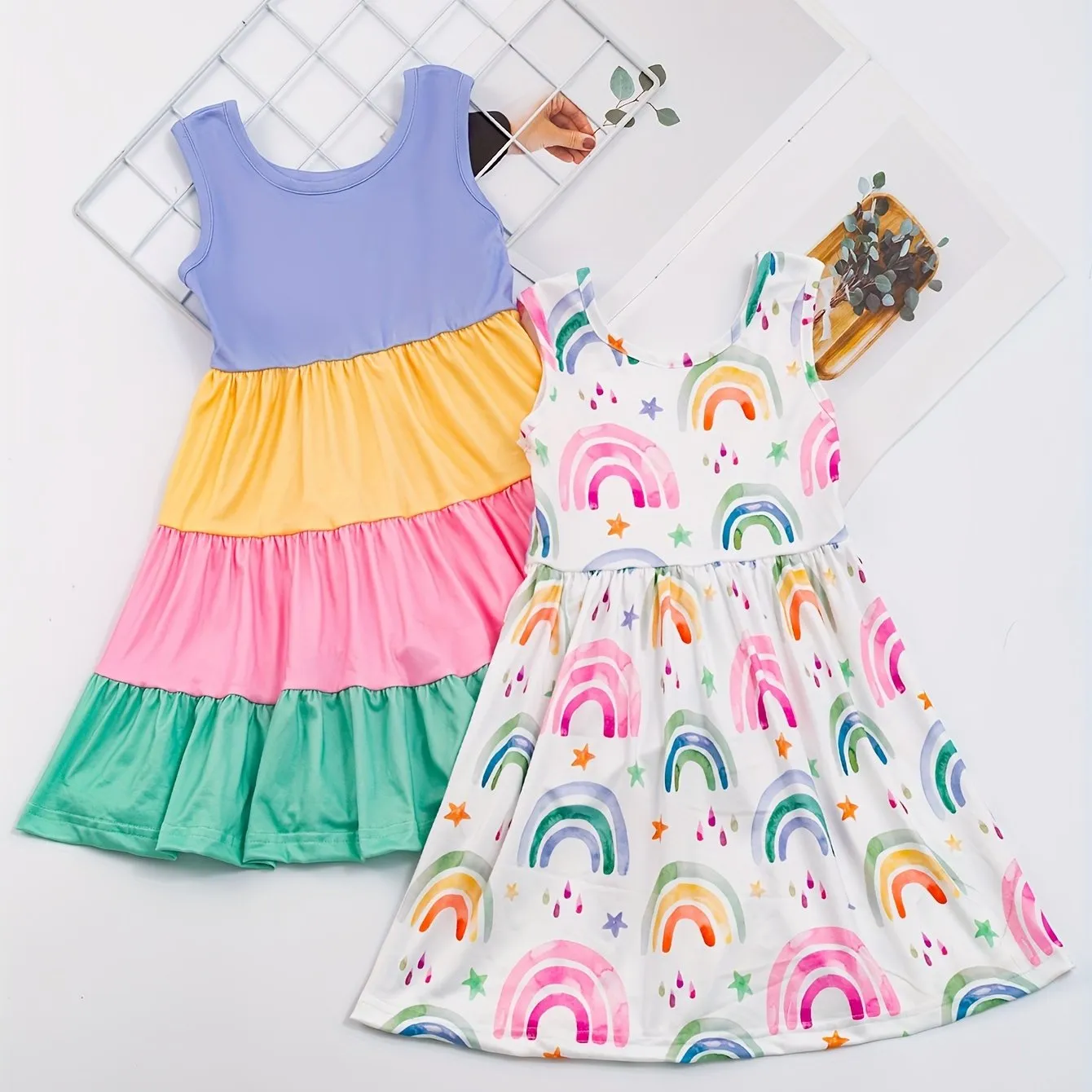 2pcs Girls Summer Dress Set - Vibrant Splicing Colorblock with Flutter Ruffles & Rainbow Print - Perfect Matching Ensemble for Fun in the Sun