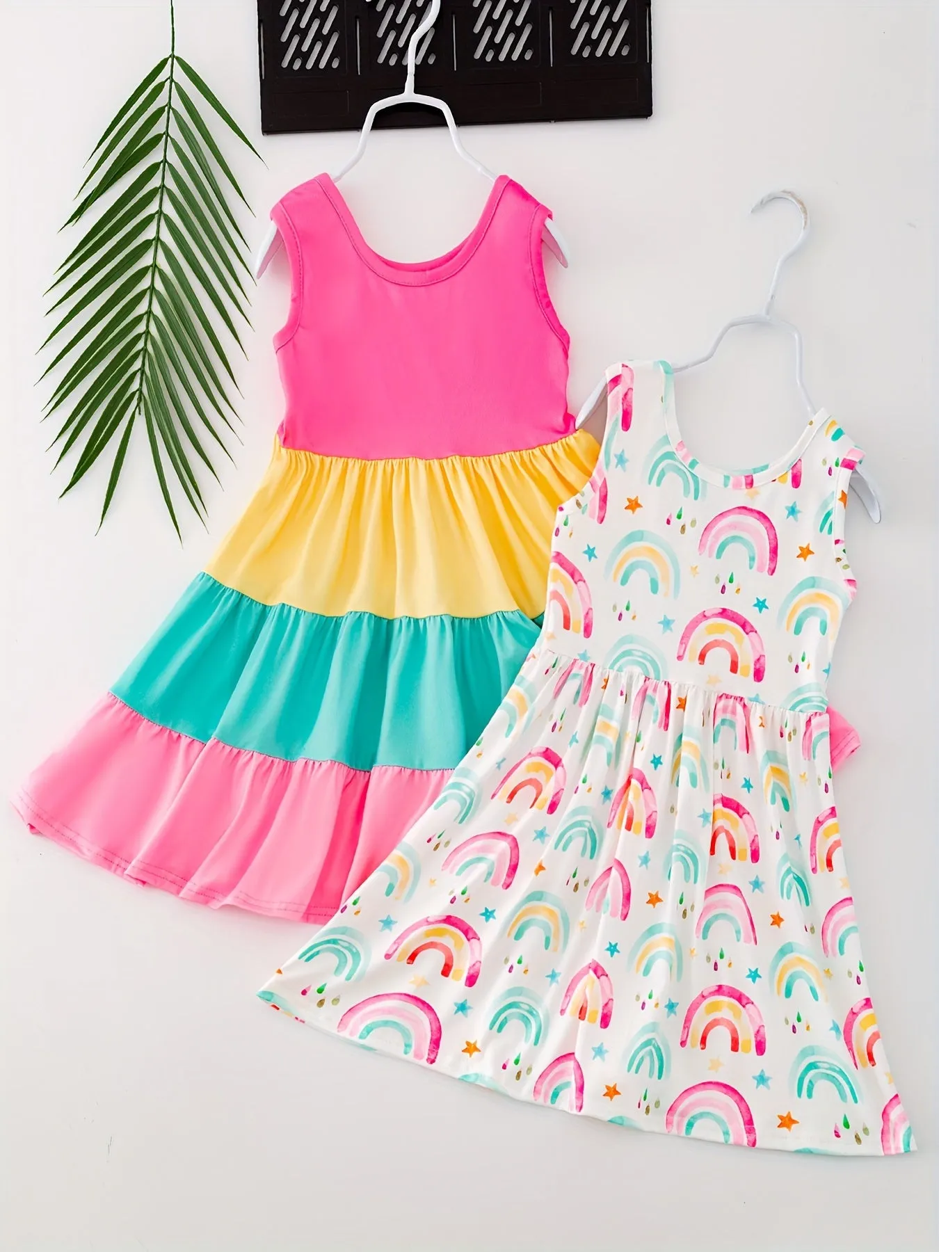 2pcs Girls Summer Dress Set - Vibrant Splicing Colorblock with Flutter Ruffles & Rainbow Print - Perfect Matching Ensemble for Fun in the Sun