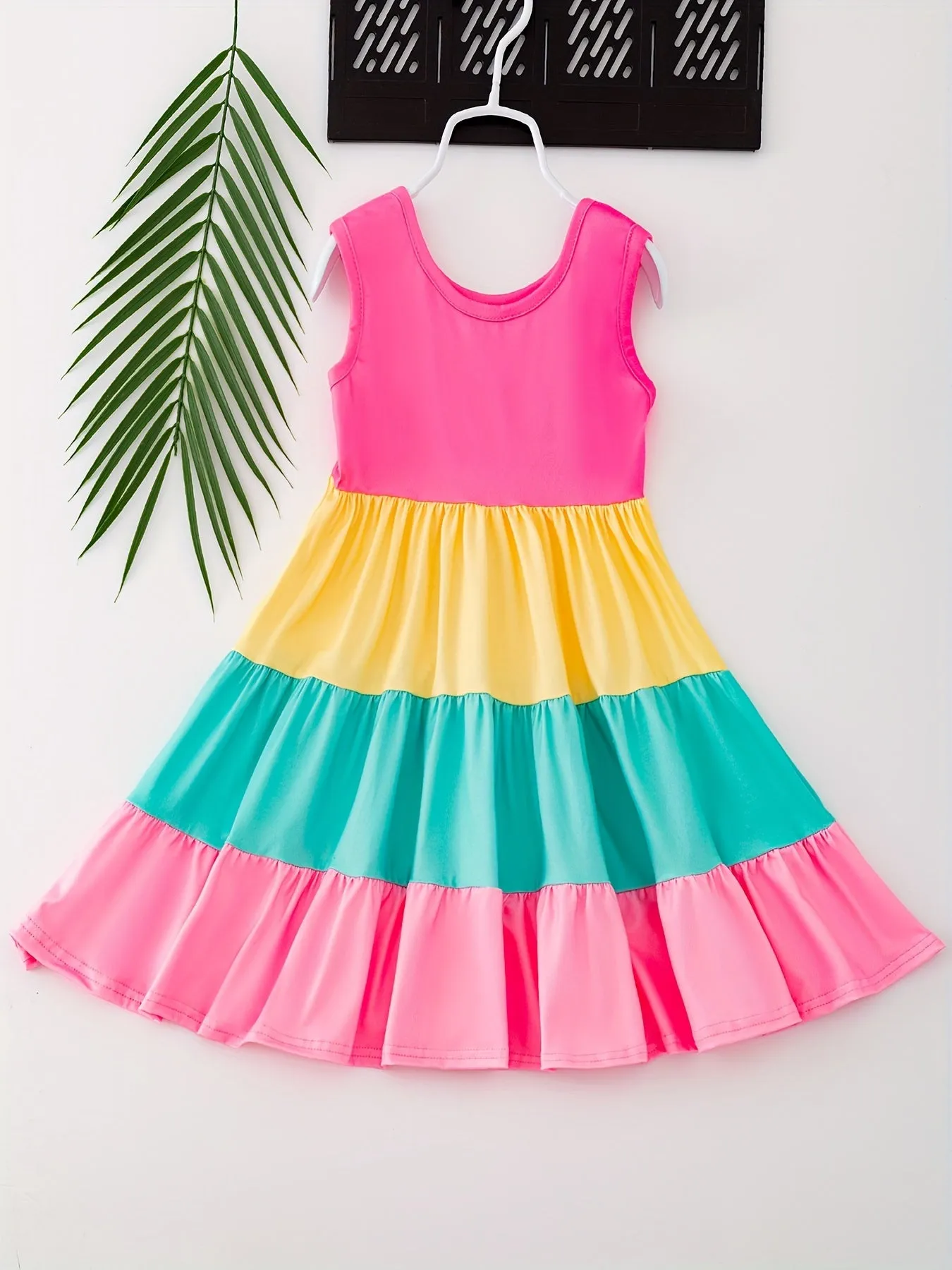 2pcs Girls Summer Dress Set - Vibrant Splicing Colorblock with Flutter Ruffles & Rainbow Print - Perfect Matching Ensemble for Fun in the Sun