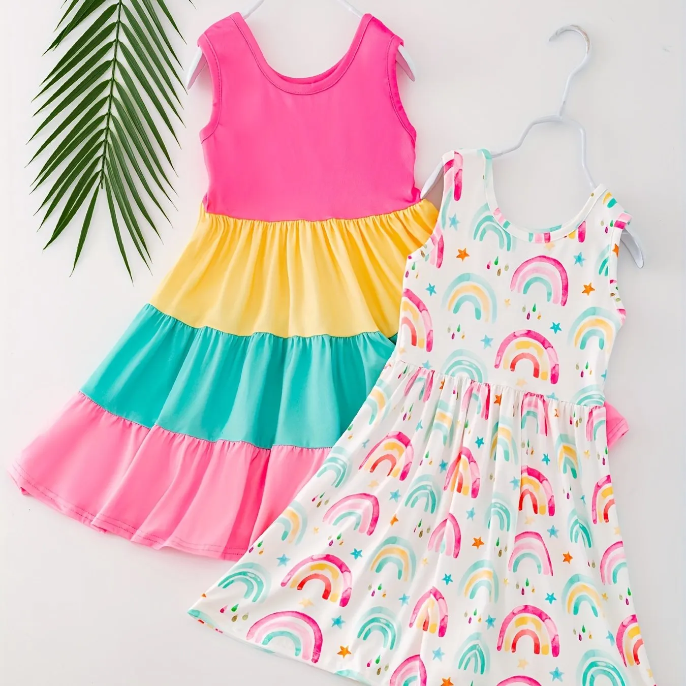 2pcs Girls Summer Dress Set - Vibrant Splicing Colorblock with Flutter Ruffles & Rainbow Print - Perfect Matching Ensemble for Fun in the Sun