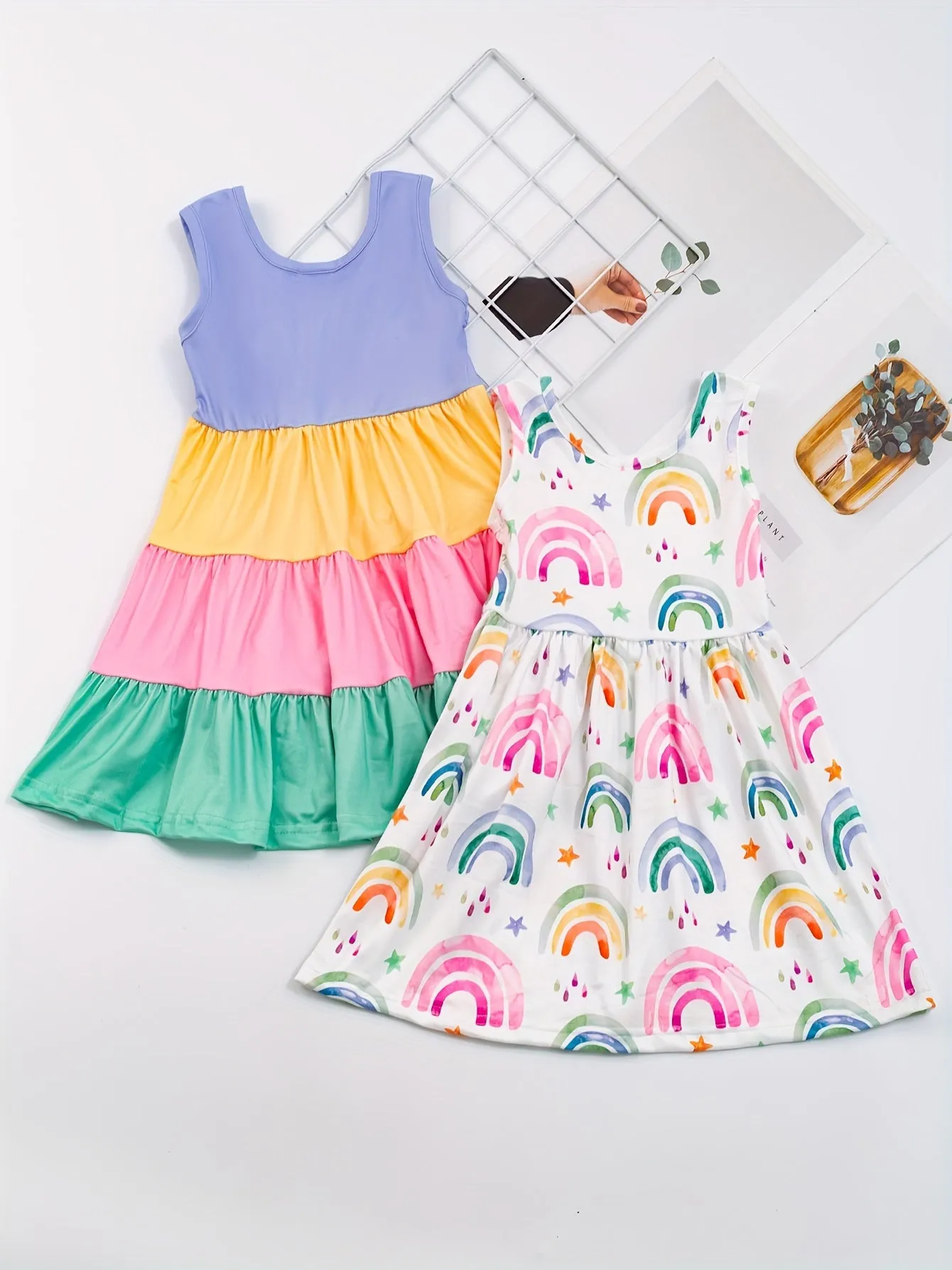 2pcs Girls Summer Dress Set - Vibrant Splicing Colorblock with Flutter Ruffles & Rainbow Print - Perfect Matching Ensemble for Fun in the Sun