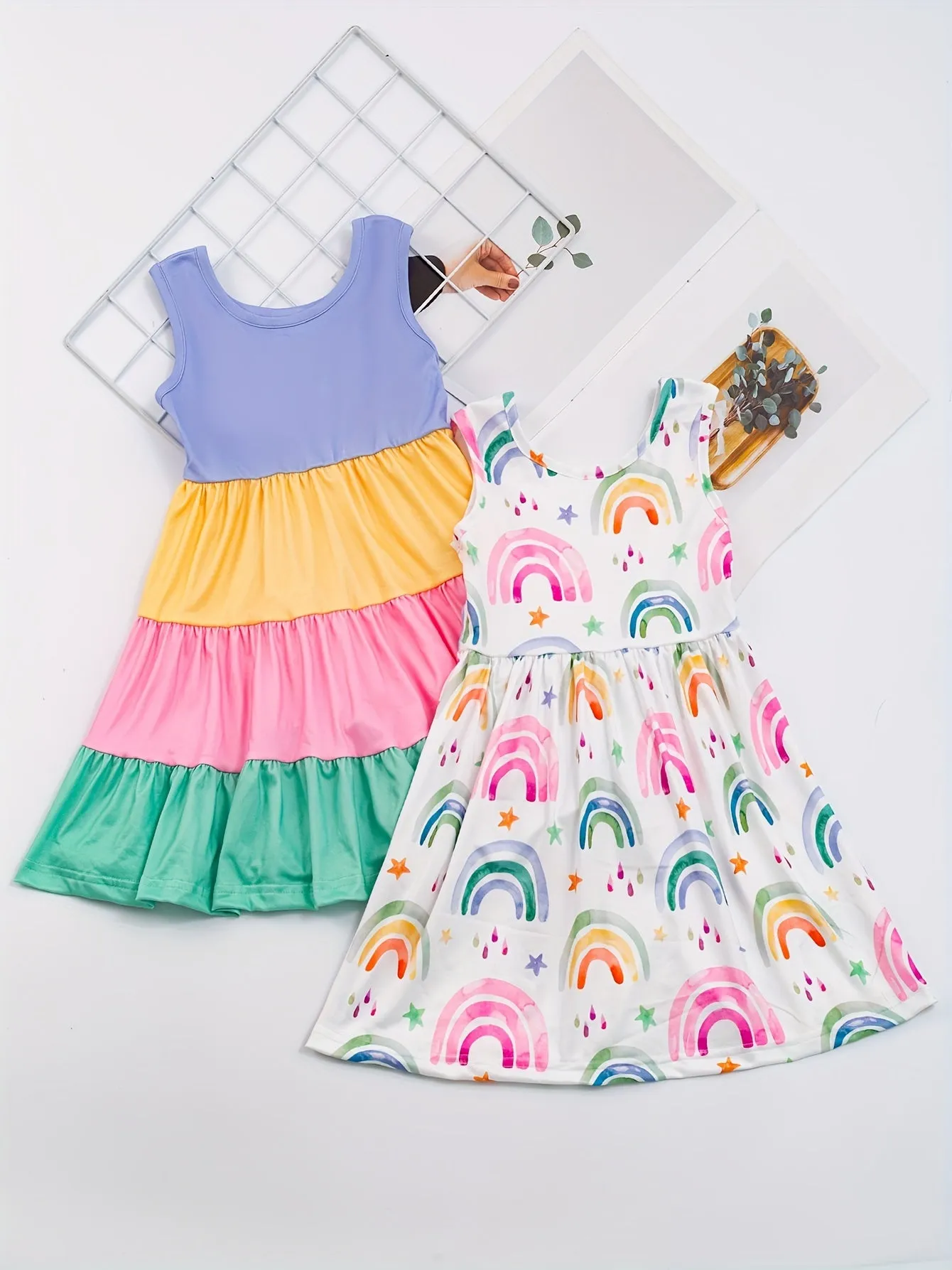 2pcs Girls Summer Dress Set - Vibrant Splicing Colorblock with Flutter Ruffles & Rainbow Print - Perfect Matching Ensemble for Fun in the Sun