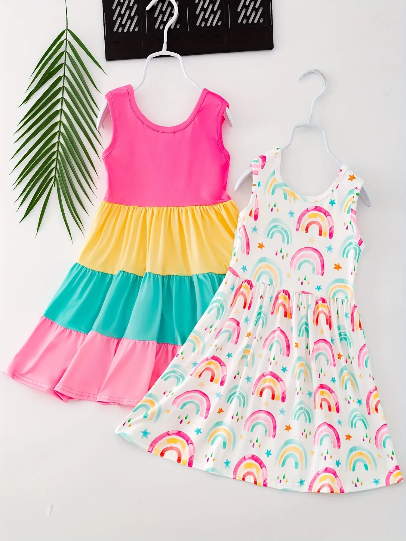 2pcs Girls Summer Dress Set - Vibrant Splicing Colorblock with Flutter Ruffles & Rainbow Print - Perfect Matching Ensemble for Fun in the Sun