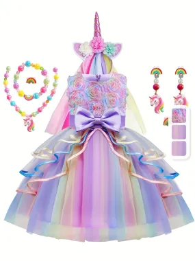 7pcs Girls Unicorn Costume, Rainbow Princess Dress, Toddler Unicorn Birthday Party Dress, Halloween Kids Cosplay, Fairy Tales Dress Up, With Headband Necklace Ring Ear Clip Jewelry Set