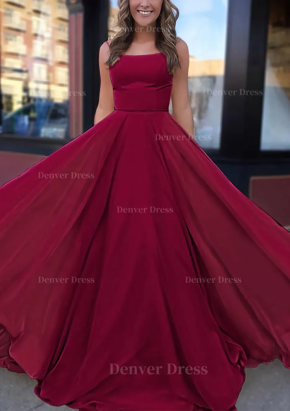 A-line Bateau Spaghetti Straps Sweep Train Chiffon Prom Dress