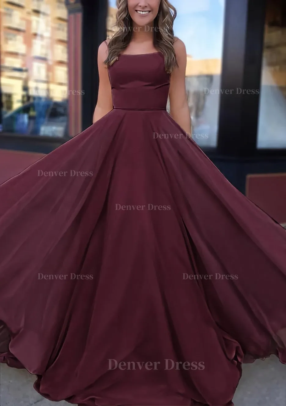 A-line Bateau Spaghetti Straps Sweep Train Chiffon Prom Dress