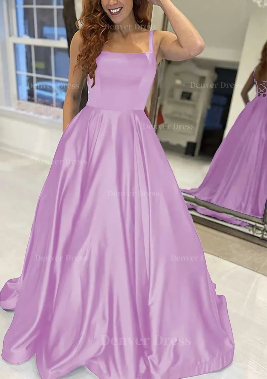 A-line Square Neckline Sleeveless Sweep Train Satin Prom Dress With Pockets