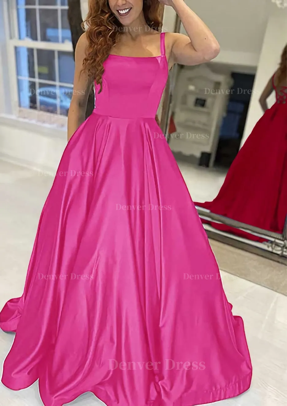 A-line Square Neckline Sleeveless Sweep Train Satin Prom Dress With Pockets