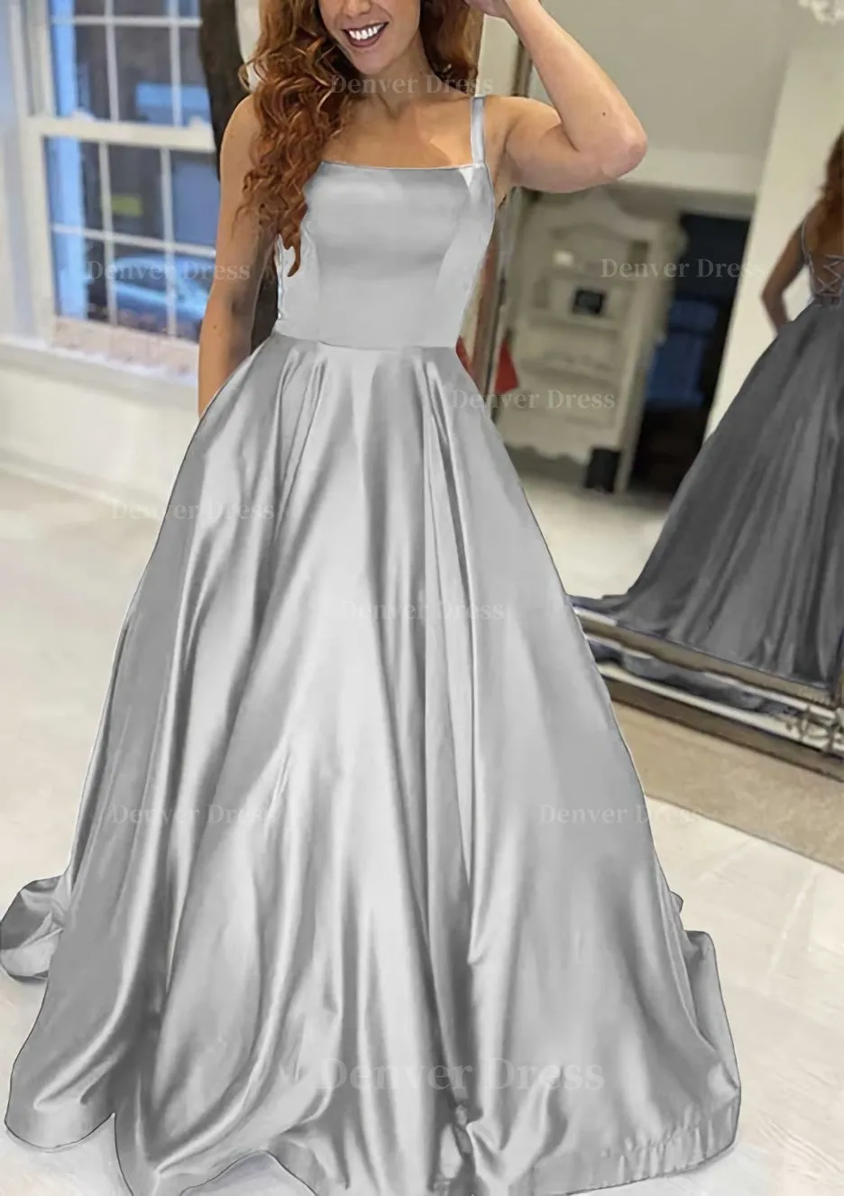 A-line Square Neckline Sleeveless Sweep Train Satin Prom Dress With Pockets