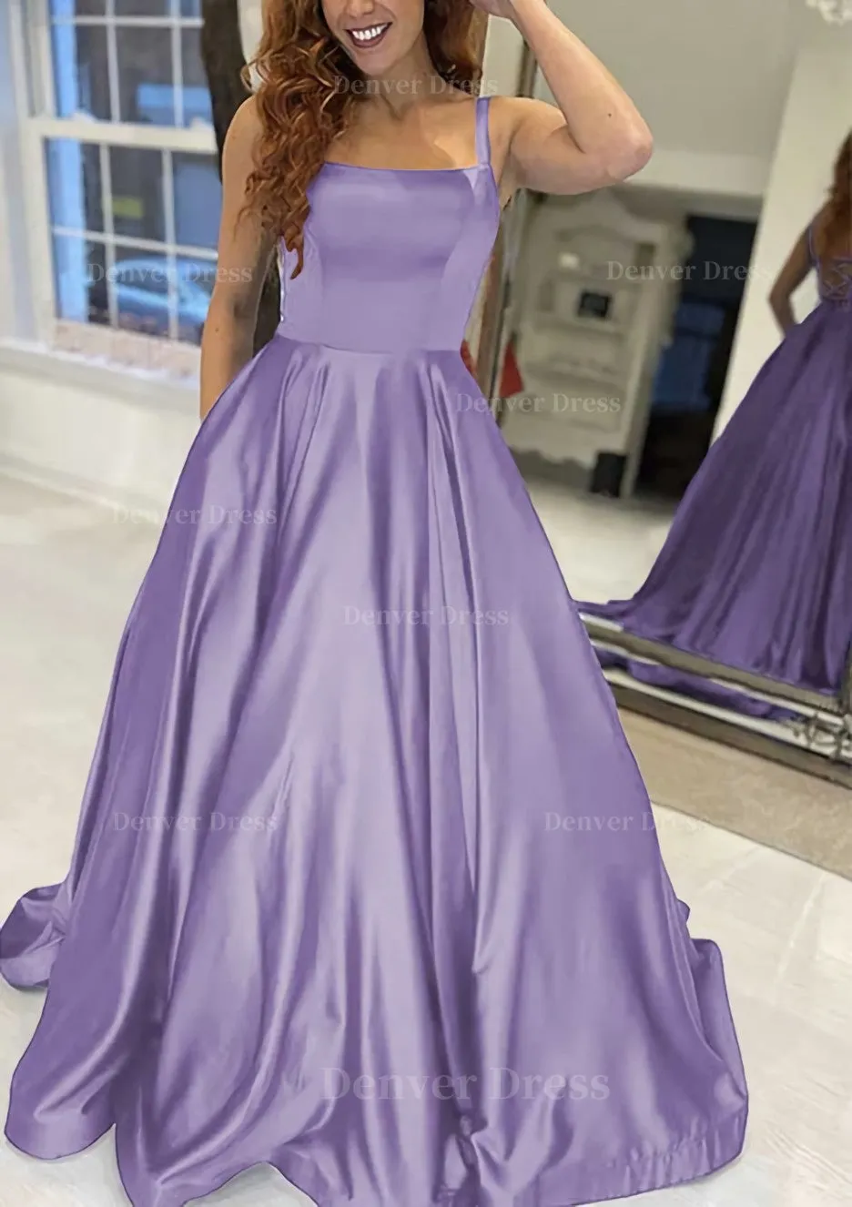 A-line Square Neckline Sleeveless Sweep Train Satin Prom Dress With Pockets