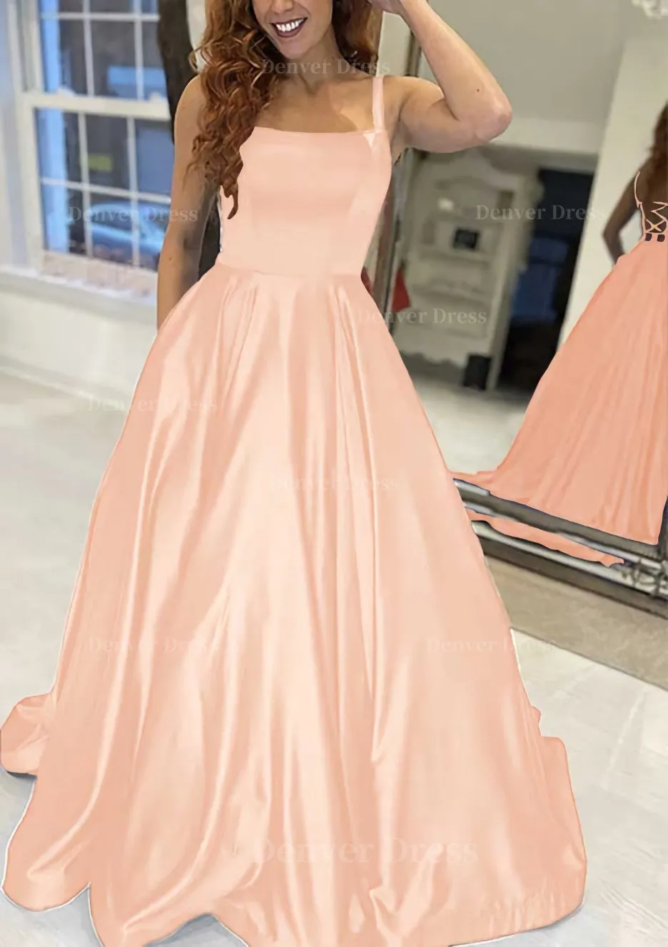 A-line Square Neckline Sleeveless Sweep Train Satin Prom Dress With Pockets