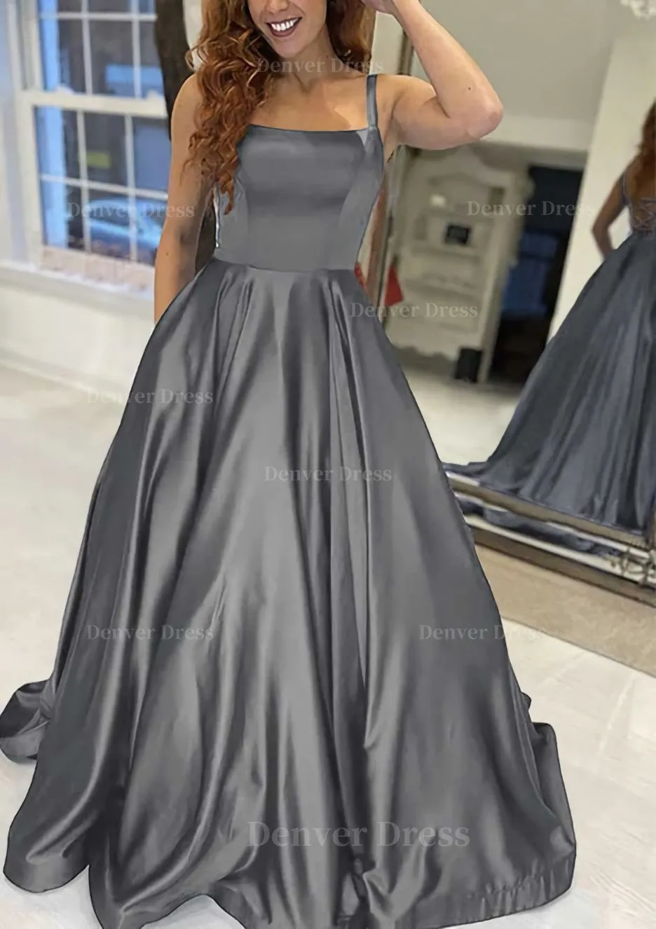 A-line Square Neckline Sleeveless Sweep Train Satin Prom Dress With Pockets