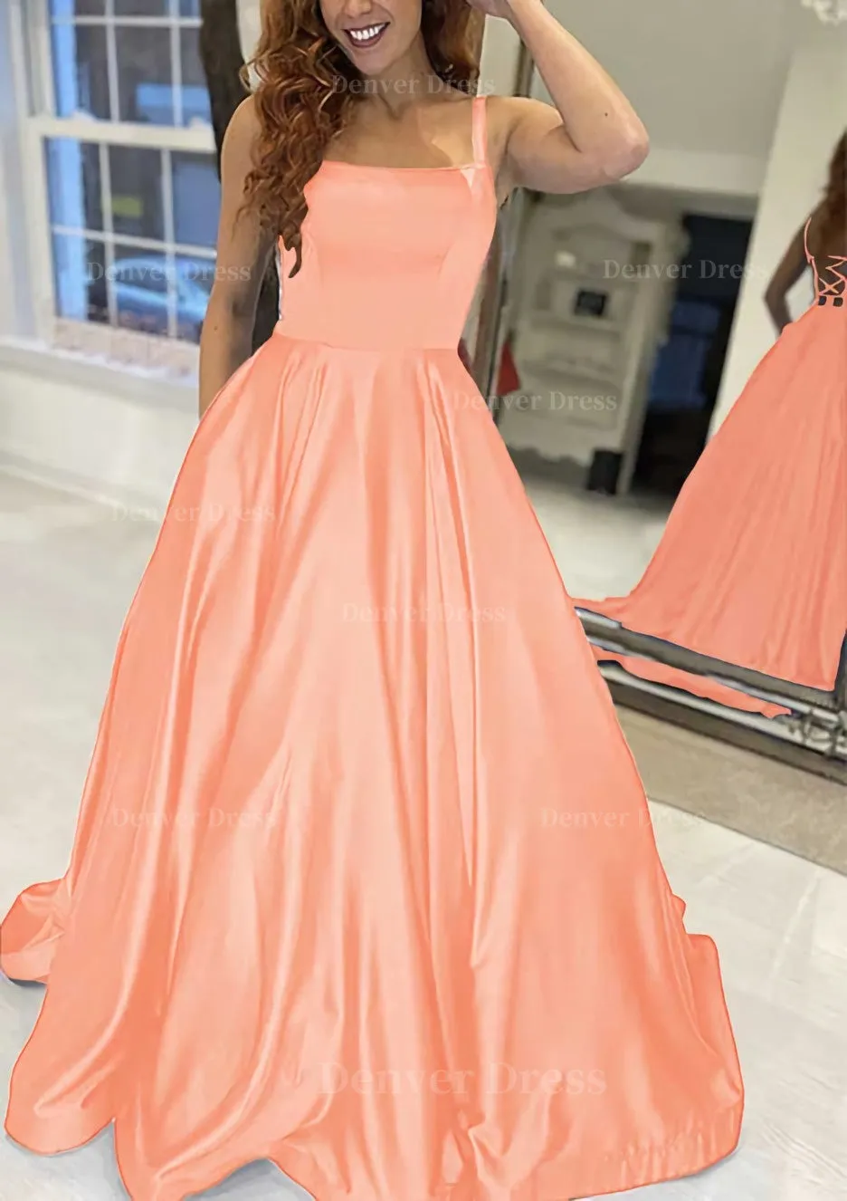 A-line Square Neckline Sleeveless Sweep Train Satin Prom Dress With Pockets