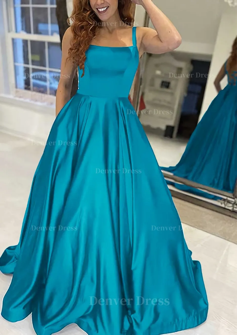 A-line Square Neckline Sleeveless Sweep Train Satin Prom Dress With Pockets