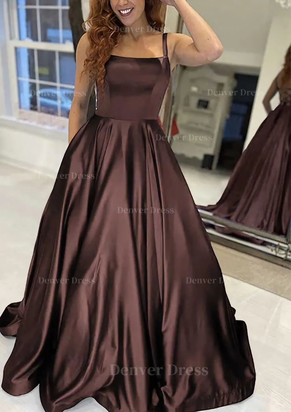 A-line Square Neckline Sleeveless Sweep Train Satin Prom Dress With Pockets