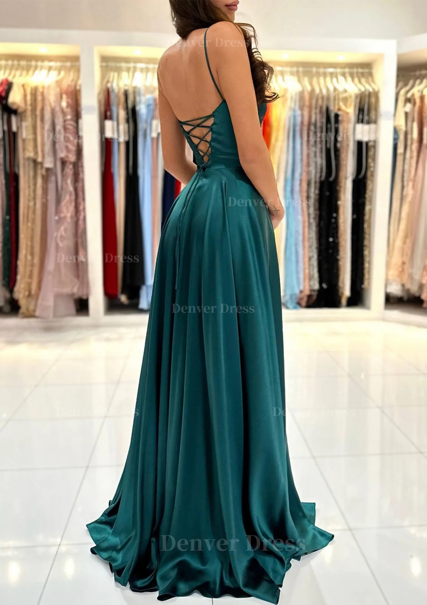 A-line Square Neckline Spaghetti Straps Sweep Train Charmeuse Prom Dress With Split