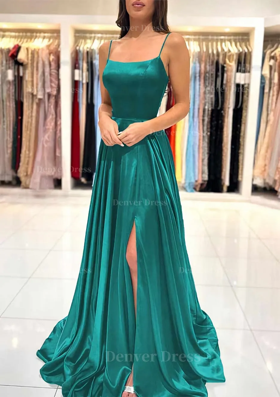 A-line Square Neckline Spaghetti Straps Sweep Train Charmeuse Prom Dress With Split