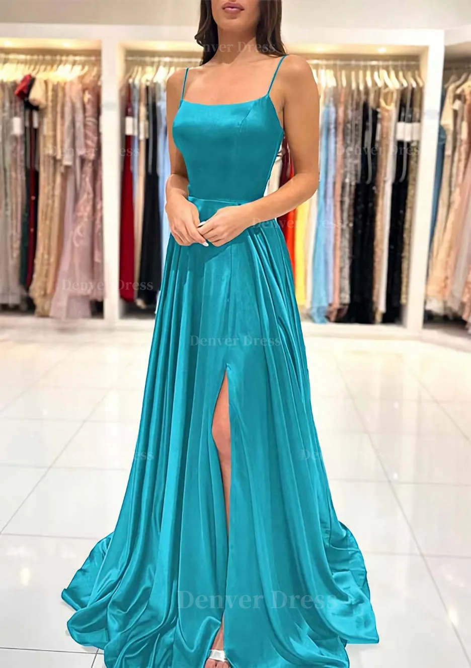 A-line Square Neckline Spaghetti Straps Sweep Train Charmeuse Prom Dress With Split